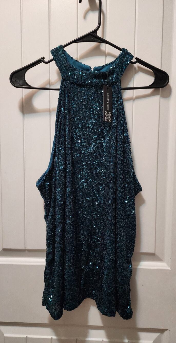 NWT Cable & Gauge Womens XL Green Top Halter Neck Sequins Sleeveless Blouse